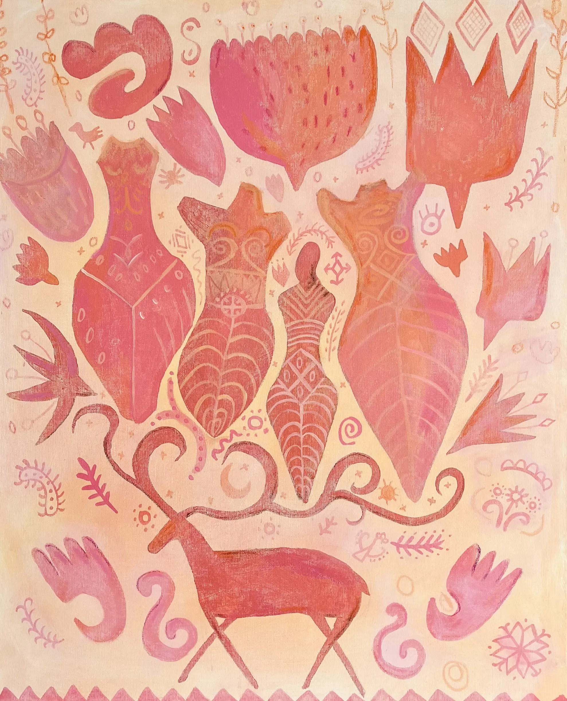 Image of Where the ancestor dance by Olha Dovhan-Levytska, size: 77x63 cm, made of acrylic on canvas, Painting medium, from Ankara, part of the Rituals and Flowers series, priced at $400