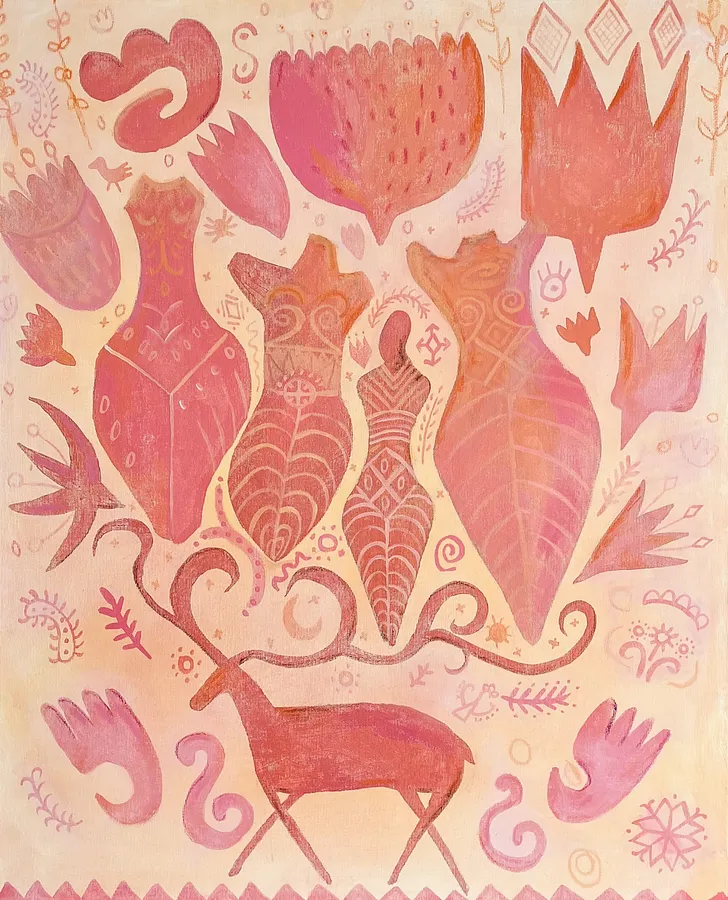 Image of Where the ancestor dance by Olha Dovhan-Levytska, size: 77x63 cm, made of acrylic on canvas, Painting medium, from Ankara, part of the Rituals and Flowers series, priced at $400