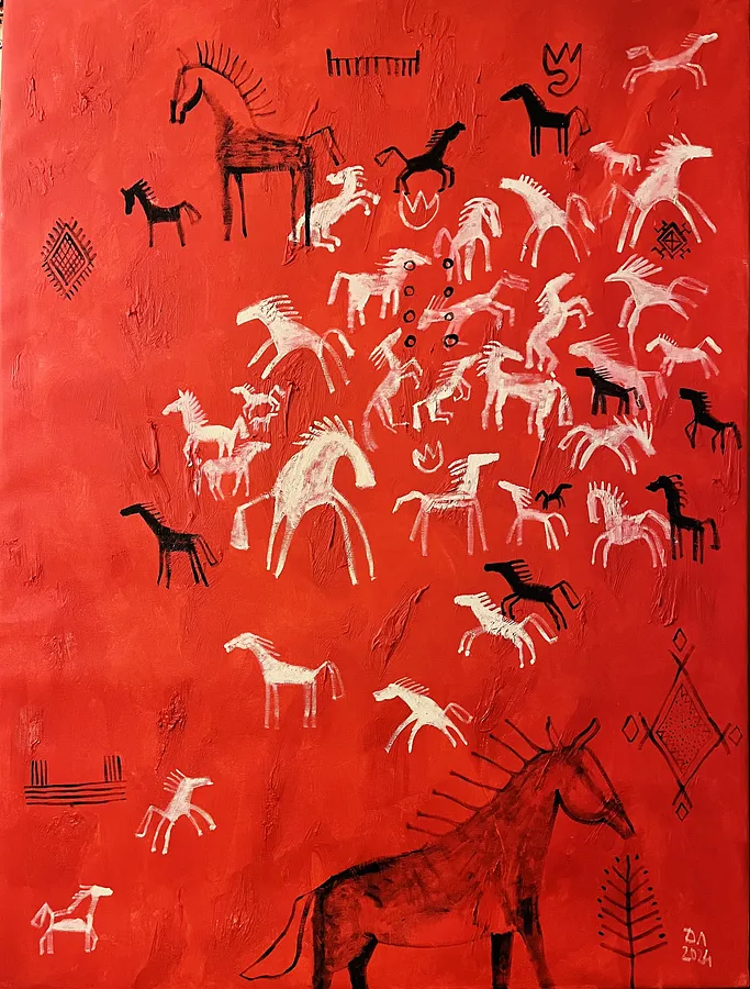 Image of Herd in red by Olha Dovhan-Levytska, size: 100x75, made of Oil on canvas, Painting medium, from Ankara, part of the Cave Art series, priced at $800