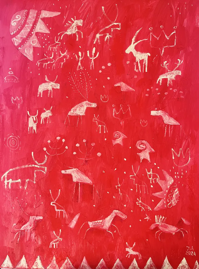 Image of Meetiing in red by Olha Dovhan-Levytska, size: 100x75, made of Oil on canvas, Painting medium, from Ankara, part of the Cave Art series, priced at $800