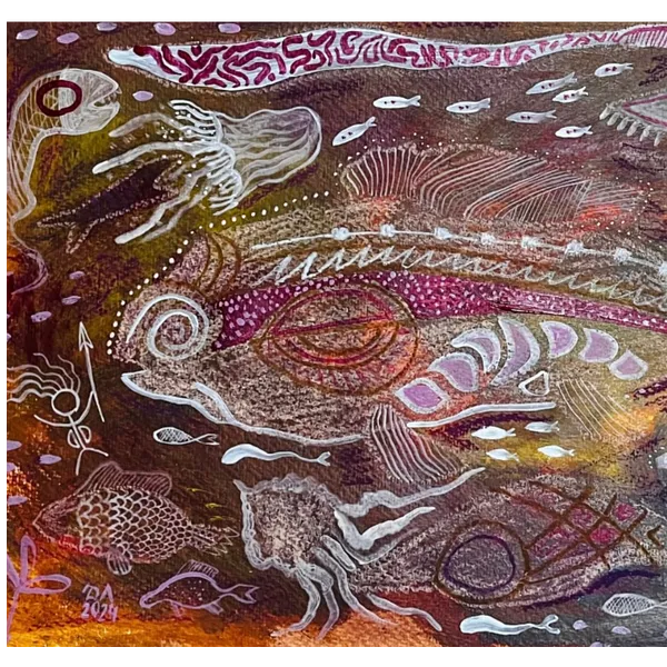 Image of Fishing in paleolithic waters by Olha Dovhan-Levytska, size: 35x50, made of paper, mixed media, Painting medium, from Ankara, part of the Cave Art series, priced at $50