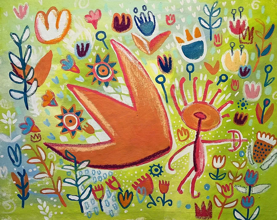 Image of Protection by Olha Dovhan-Levytska, size: 58x68 cm, made of acrylic on canvas, oil pastels, Painting medium, from Ankara, part of the Rituals and Flowers series, priced at $200