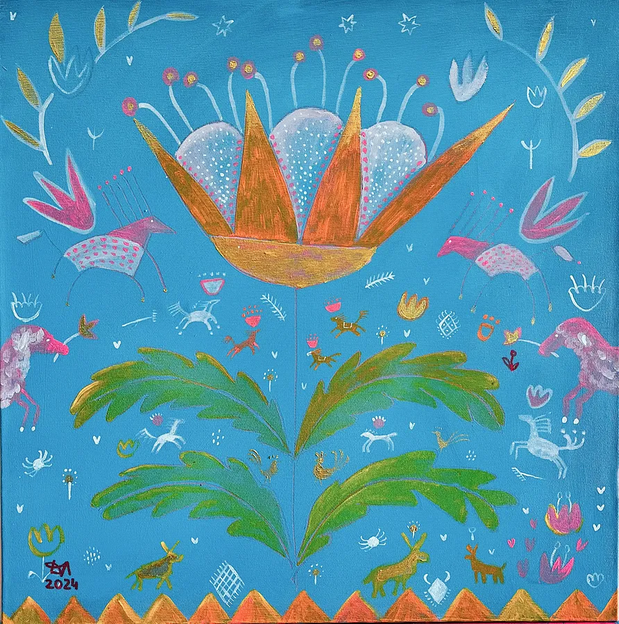 Image of Tree of life by Olha Dovhan-Levytska, size: 50х50, made of Acrylic on canvas, Painting medium, from Ankara, part of the Rituals and Flowers series, priced at $200