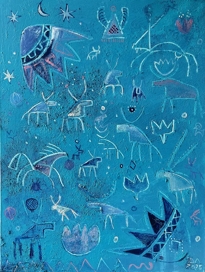 Image of Blue Chaos by Olha Dovhan-Levytska, size: 49x65, Painting medium, from Ankara, part of the Cave Art series, priced at $300