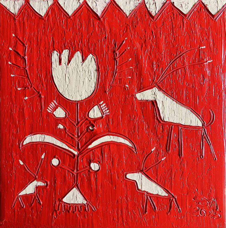 Image of Tree of life and deers by Olha Dovhan-Levytska, size: 30x30, made of oil on canvas, Painting medium, from Ankara, part of the Cave Art series, priced at $150