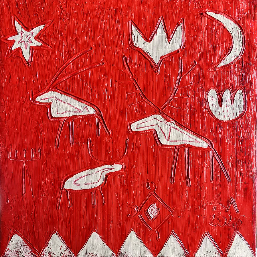 Image of Stars and deers by Olha Dovhan-Levytska, size: 30х30, made of Oil on canvas, Painting medium, from Ankara, part of the Cave Art series, priced at $150