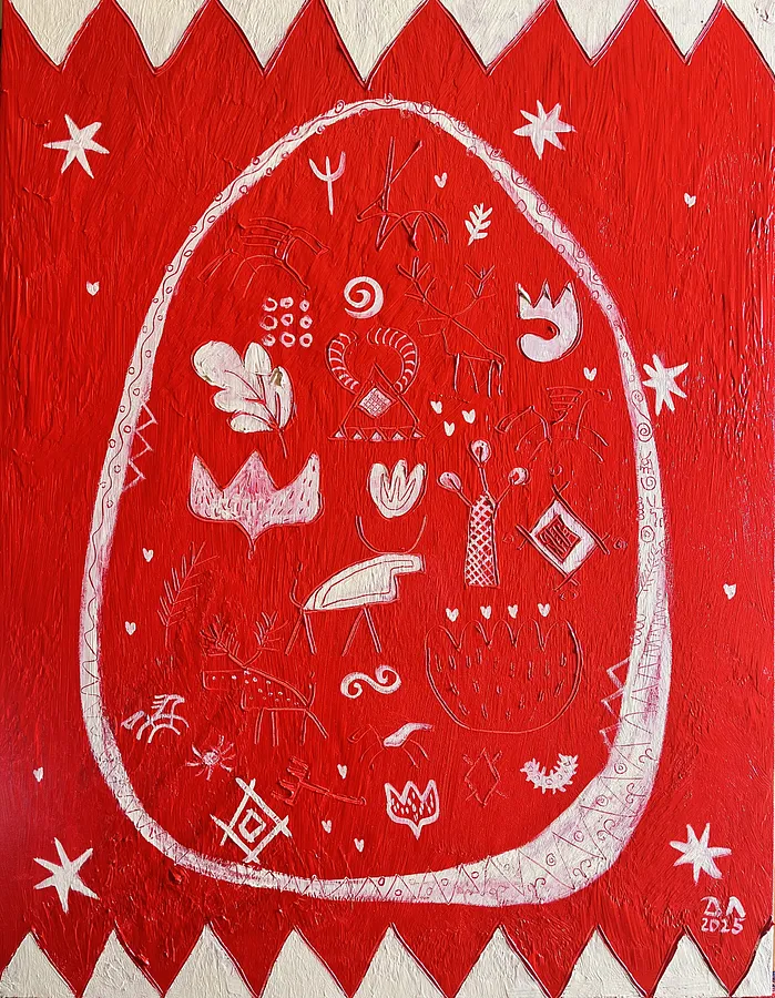 Image of Easter Egg Pysanka by Olha Dovhan-Levytska, size: 49x65, made of Oil on canvas, Painting medium, from Ankara, part of the Cave Art series, priced at $350